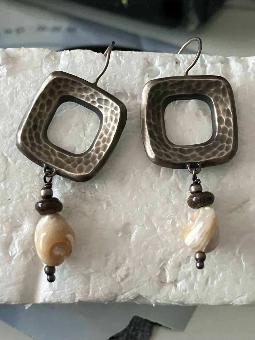 Silpada Hammered Square Drop Earrings with Cream Swirl Beads